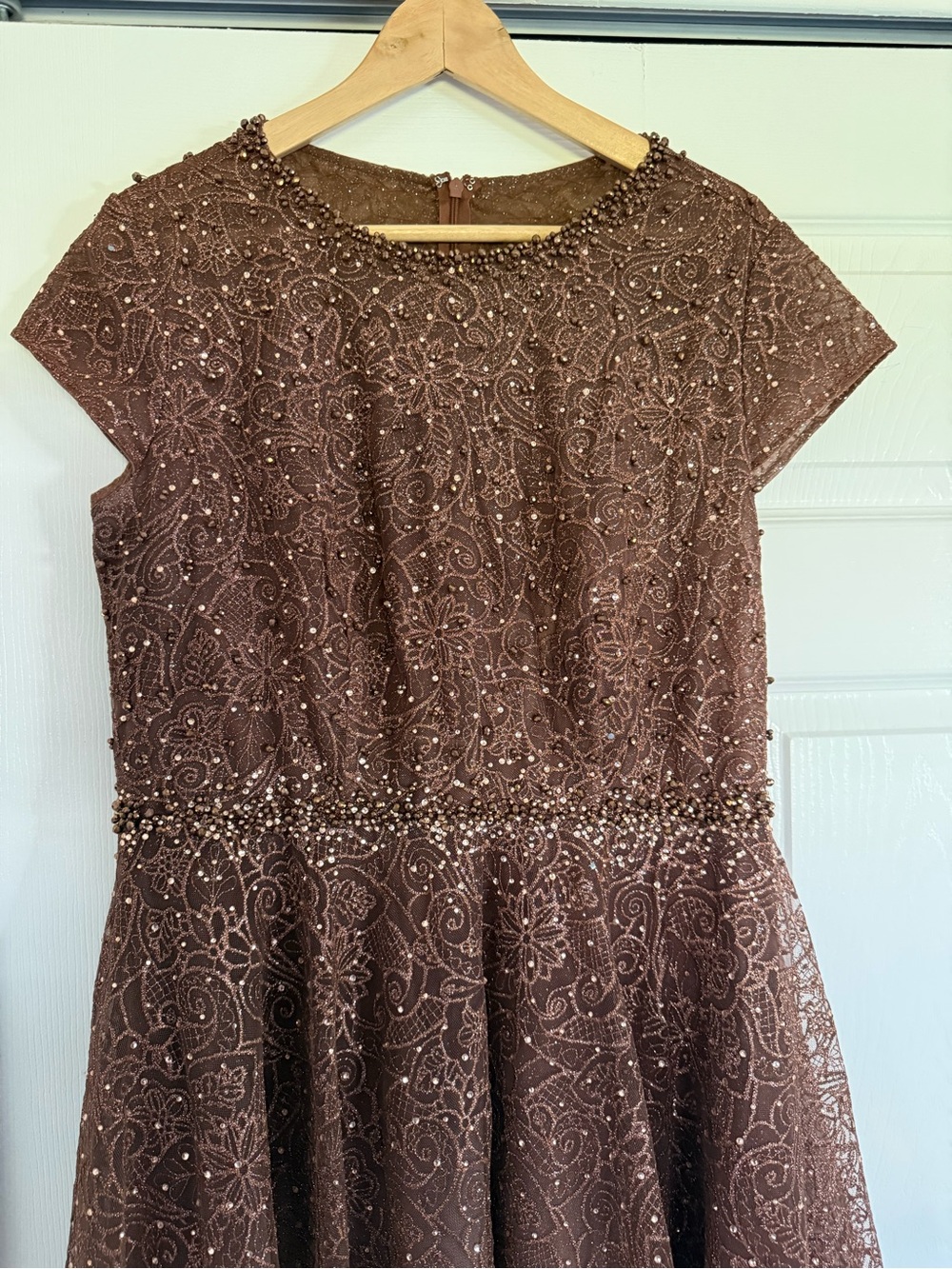 Mac Duggal Brown Beaded Lace Cocktail Dress